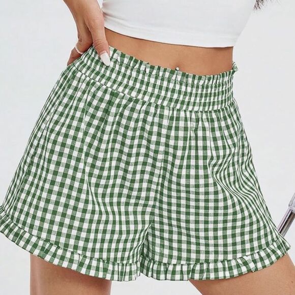 Green Gingham Women's Shorts with elastic waistband size large - Picture 3 of 7
